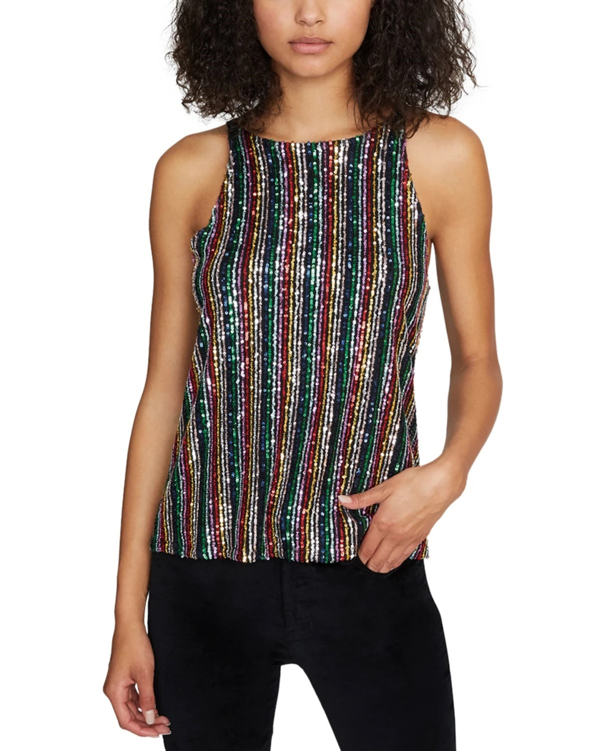 Blusa feminina Sanctuary com alças finas e lantejoulas, decote redondo, preta, tamanho extragrande