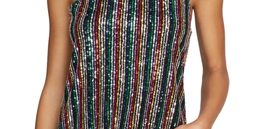 Blusa feminina Sanctuary com alças finas e lantejoulas, decote redondo, preta, tamanho extragrande