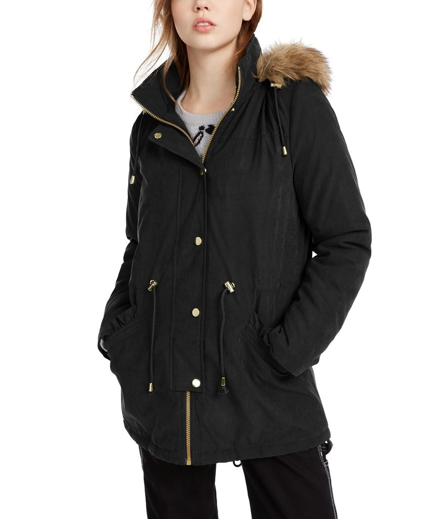 Casaco Parka com Capuz e Acabamento em Pele Sintética Celebrity Pink Juniors, Preto, Tamanho X-S