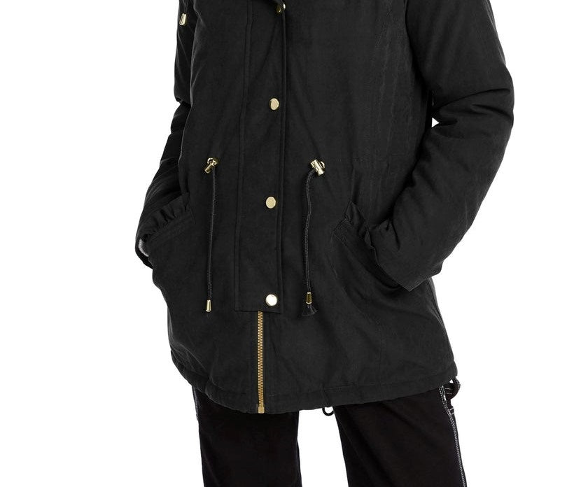 Casaco Parka com Capuz e Acabamento em Pele Sintética Celebrity Pink Juniors, Preto, Tamanho X-S