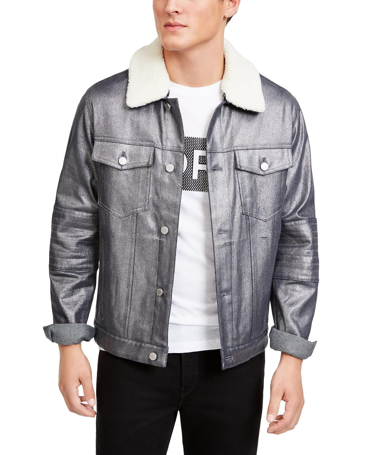 Jaqueta Trucker Moto Metálica Masculina Michael Kors Prata Tamanho P