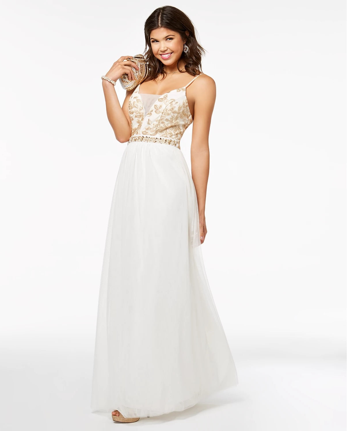 Emerald Sundae Junior's Metallic Bodice Ball Gown Dress White Size 9