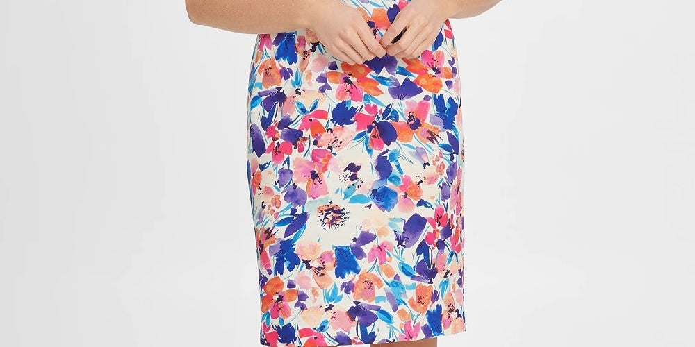 Vestido tubinho feminino DKNY com decote em V e babados, manga curta, branco, tamanho 16