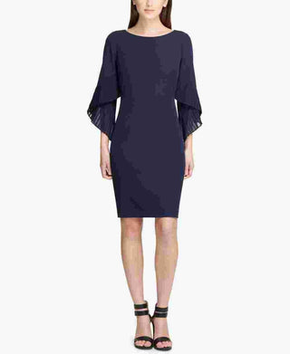 DKNY Women's Pleated Bell-Sleeve Sheath Dress  Navy Size 14