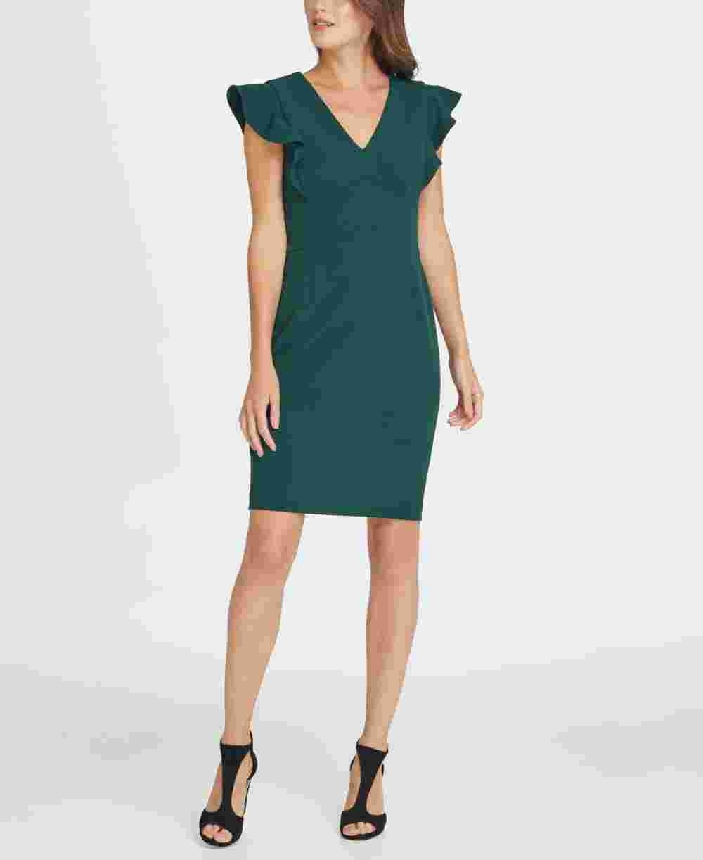 Vestido tubinho feminino DKNY com decote em V e babados, manga curta, verde, tamanho 16