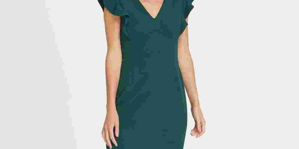 Vestido tubinho feminino DKNY com decote em V e babados, manga curta, verde, tamanho 16