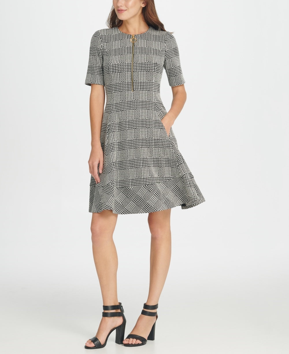 Vestido feminino Dkny com textura de malha e zíper, ajuste evasê, cinza, tamanho 6