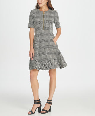 Vestido feminino Dkny com textura de malha e zíper, ajuste evasê, cinza, tamanho 6