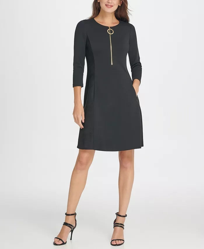 Vestido feminino DKNY com zíper, manga comprida, gola redonda, comprimento até o joelho, para usar no trabalho, preto, tamanho 14