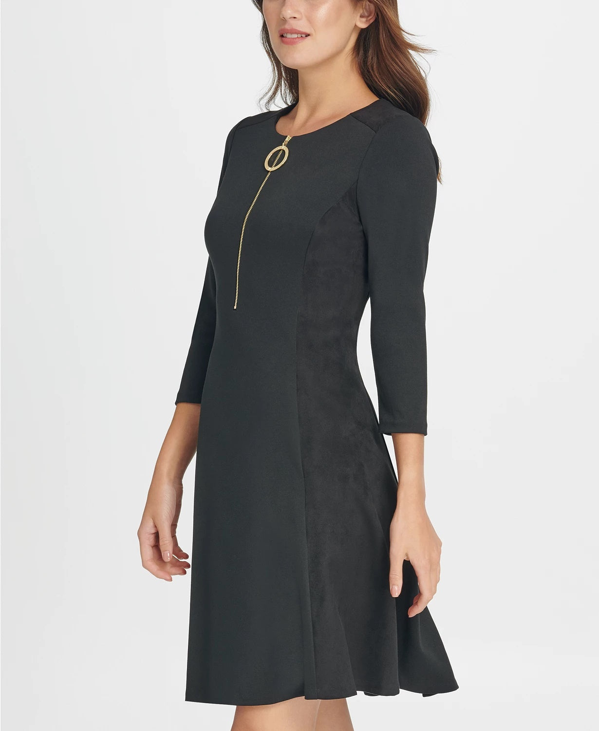 Vestido feminino DKNY com zíper, manga comprida, gola redonda, comprimento até o joelho, para usar no trabalho, preto, tamanho 14