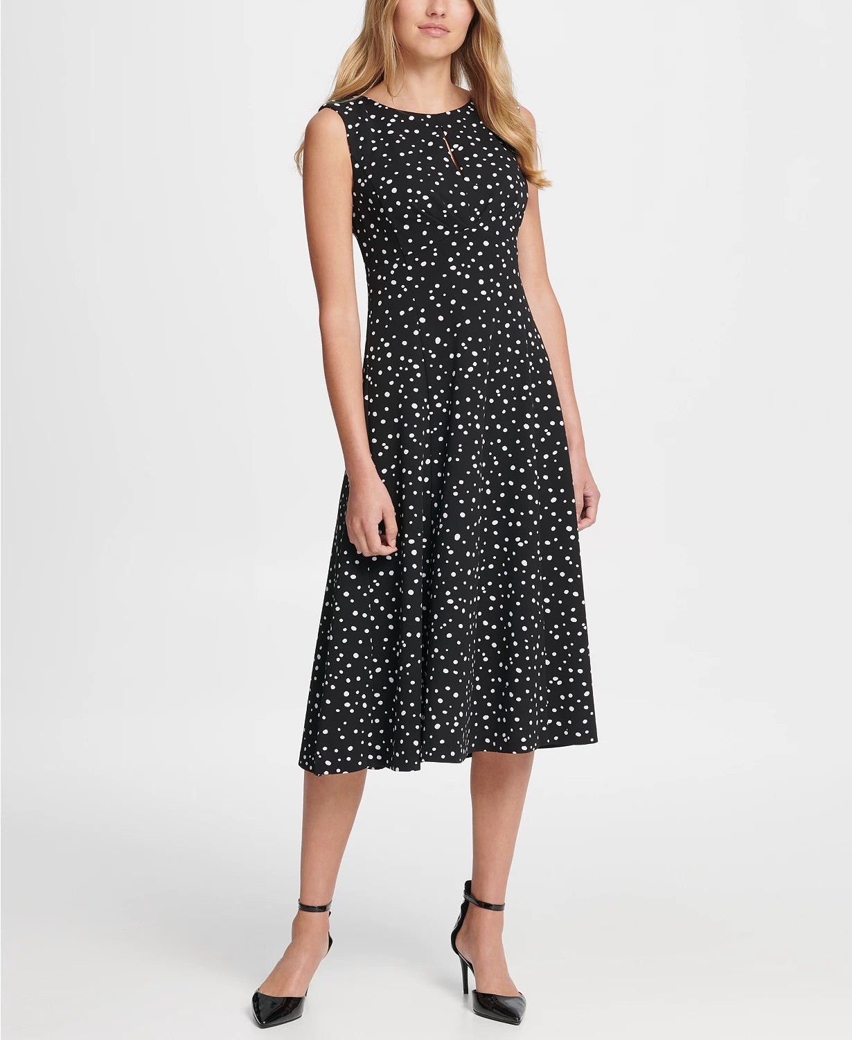 Vestido midi com estampa de bolinhas, plissado, cintura império, tamanho 10, cinza, feminino