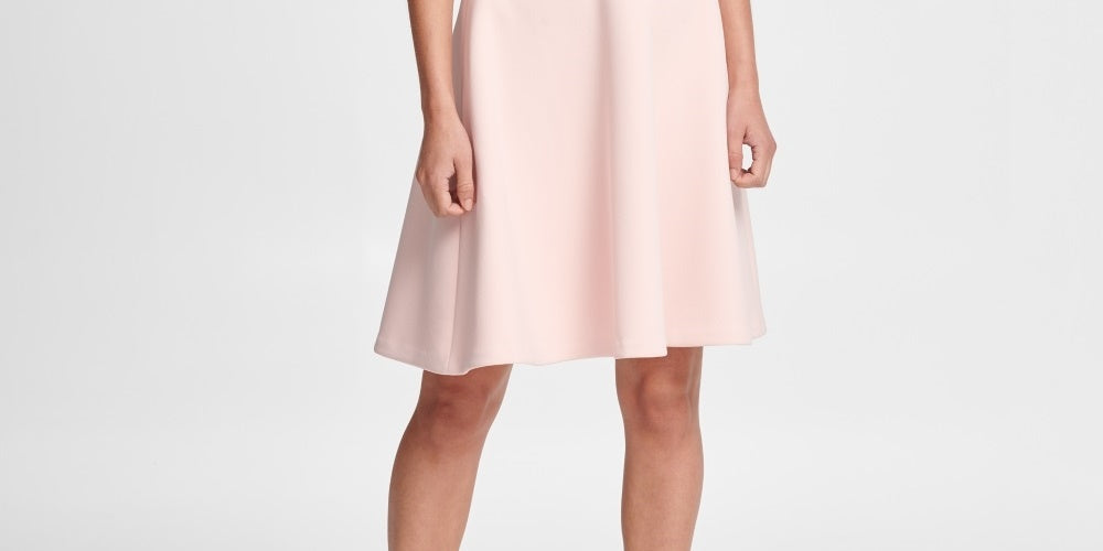 Vestido feminino DKNY com decote em V e ajuste evasê, cor blush em pó, branco, tamanho 14
