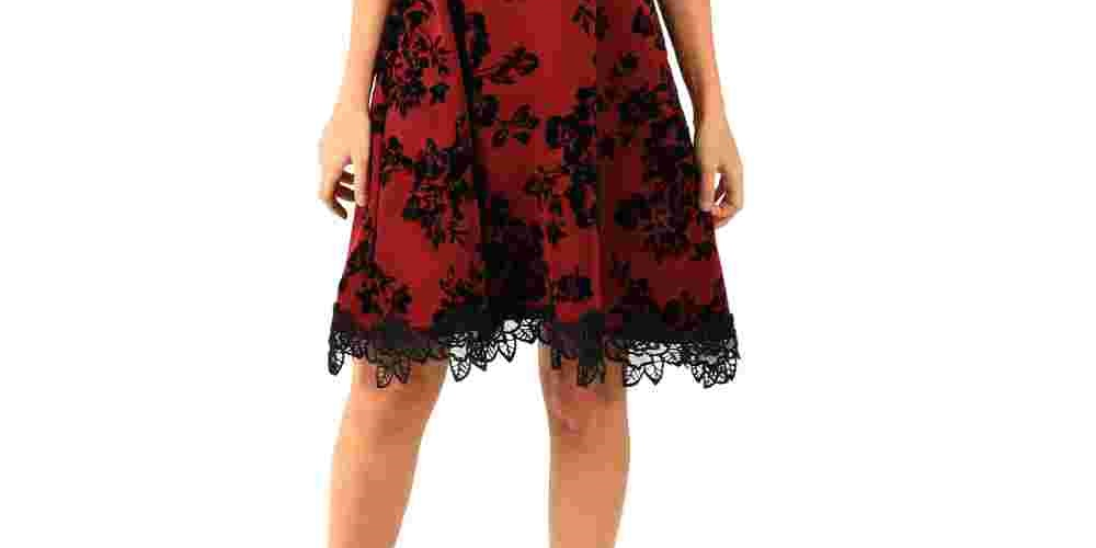 Vestido feminino Donna Ricco de crepe flocado floral vermelho tamanho 14