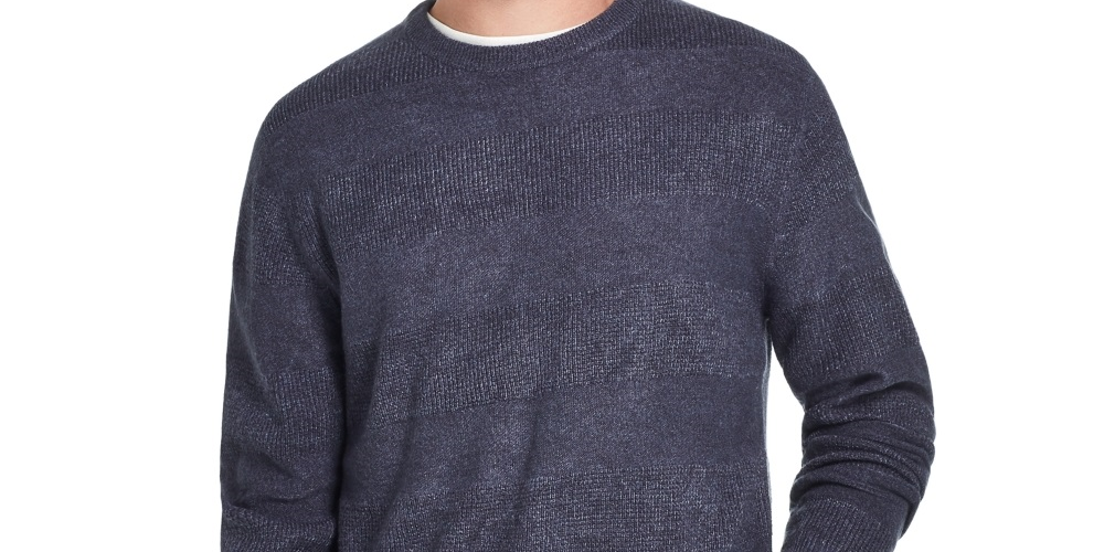 Suéter masculino listrado vintage à prova de intempéries com gola redonda azul tamanho médio