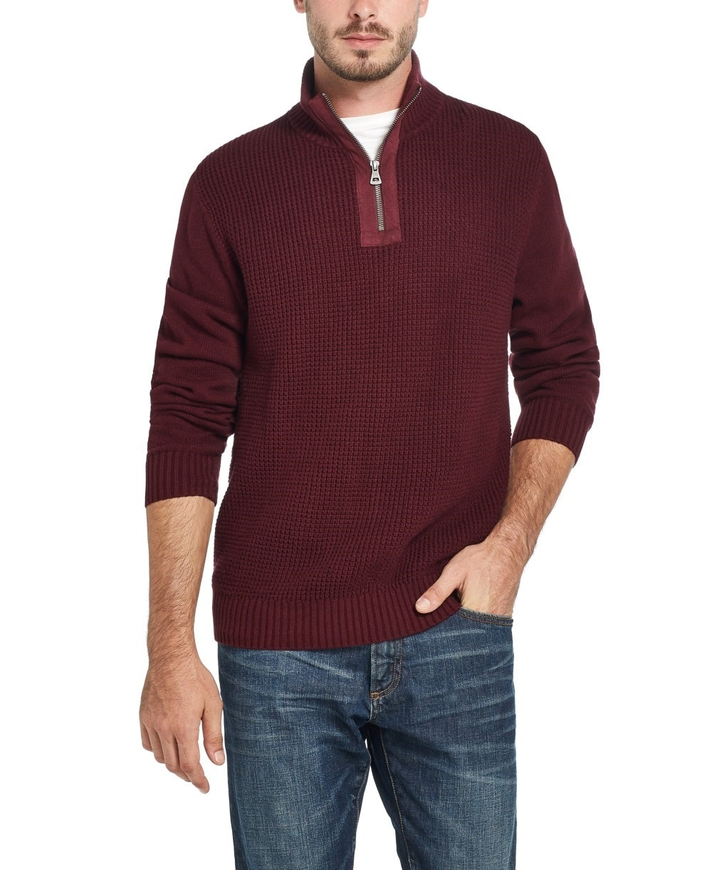 Suéter masculino vintage à prova de intempéries com zíper e meia gola em malha waffle, vermelho, tamanho XX-G