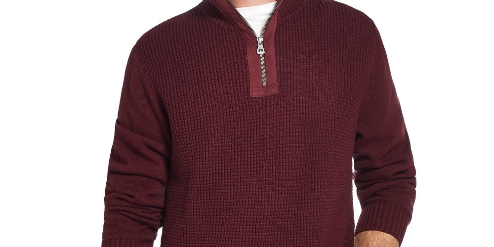 Suéter masculino vintage à prova de intempéries com zíper e meia gola em malha waffle, vermelho, tamanho XX-G