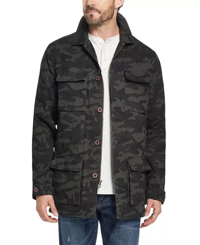 Jaqueta camuflada vintage masculina à prova de intempéries com forro de lã verde tamanho pequeno