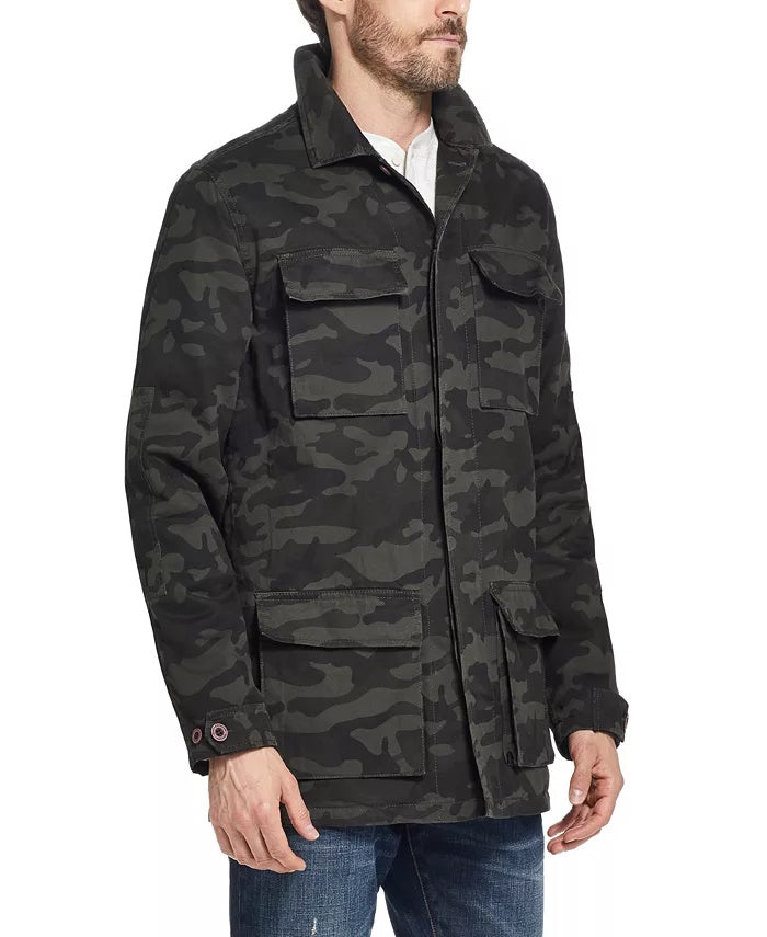Jaqueta camuflada vintage masculina à prova de intempéries com forro de lã verde tamanho pequeno