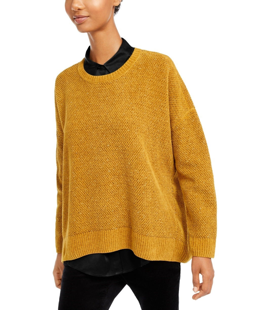 Suéter feminino Eileen Fisher de algodão orgânico com gola redonda, tamanho pequeno e médio, amarelo
