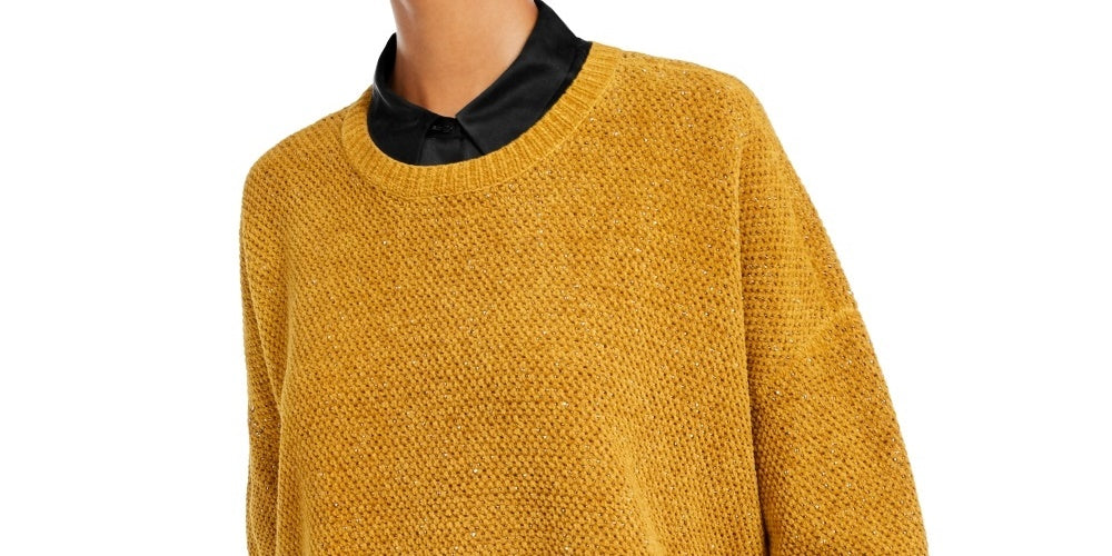 Suéter feminino Eileen Fisher de algodão orgânico com gola redonda, tamanho pequeno e médio, amarelo