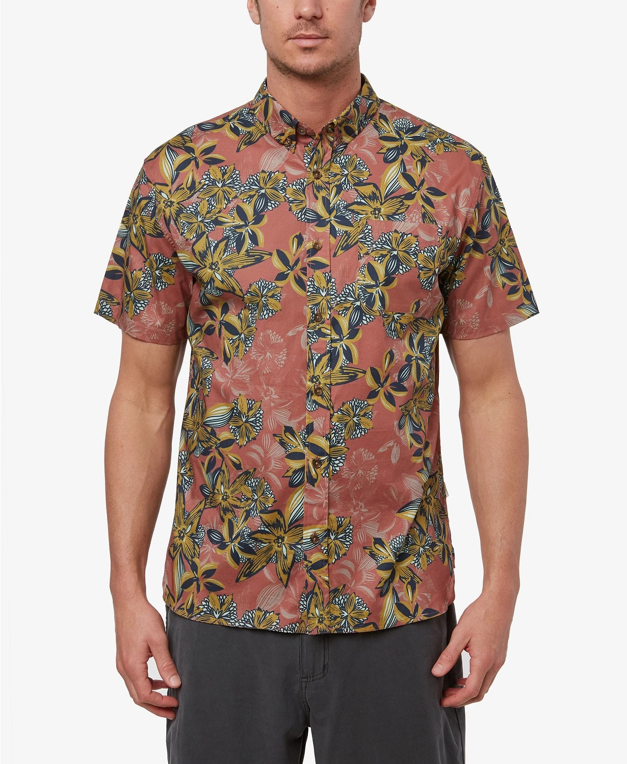 Camisa de manga curta masculina Jack O'Neill Hawaiian Dreams marrom tamanho XX-G