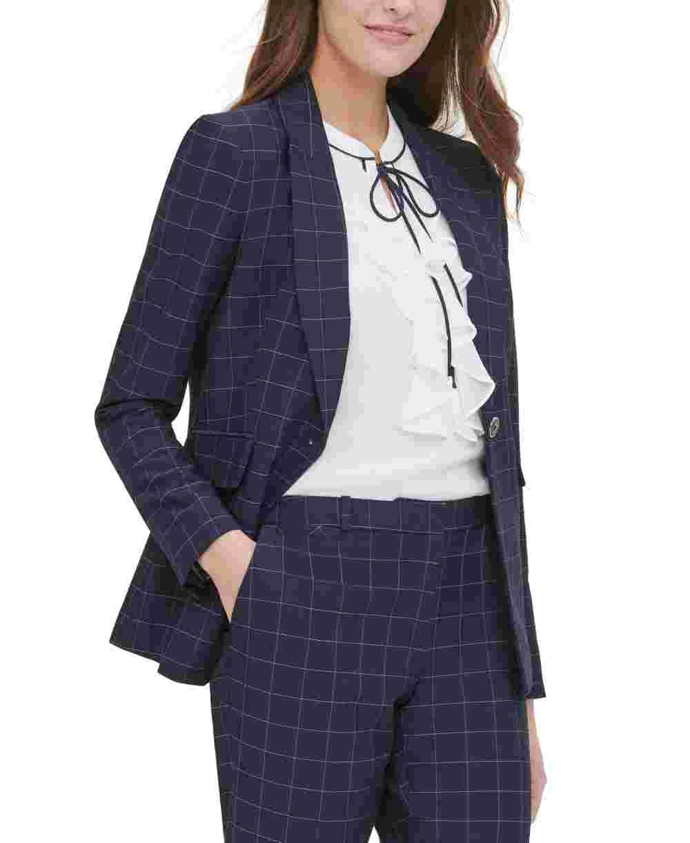 Tommy Hilfiger Blazer Feminino com Estampa de Janela e Botão Único Azul Tamanho 4