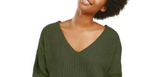 Suéter Hippie Rose Junior Chenille com decote em V, verde, tamanho grande