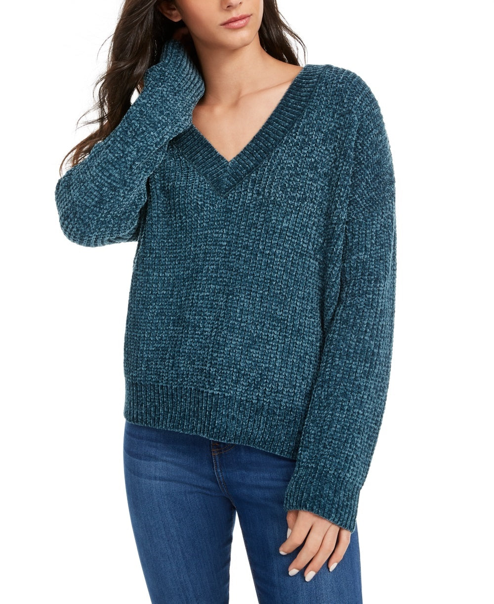 Suéter Hippie Rose Junior com decote em V em chenille azul, tamanho extrapequeno