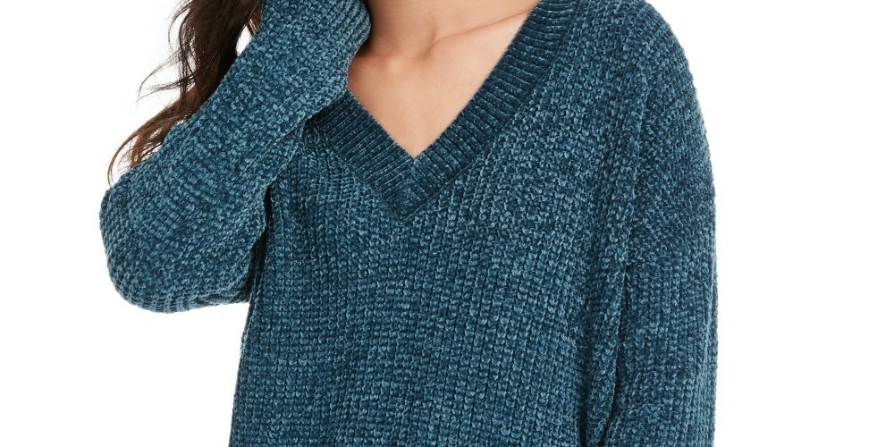 Suéter Hippie Rose Junior com decote em V em chenille azul, tamanho extrapequeno