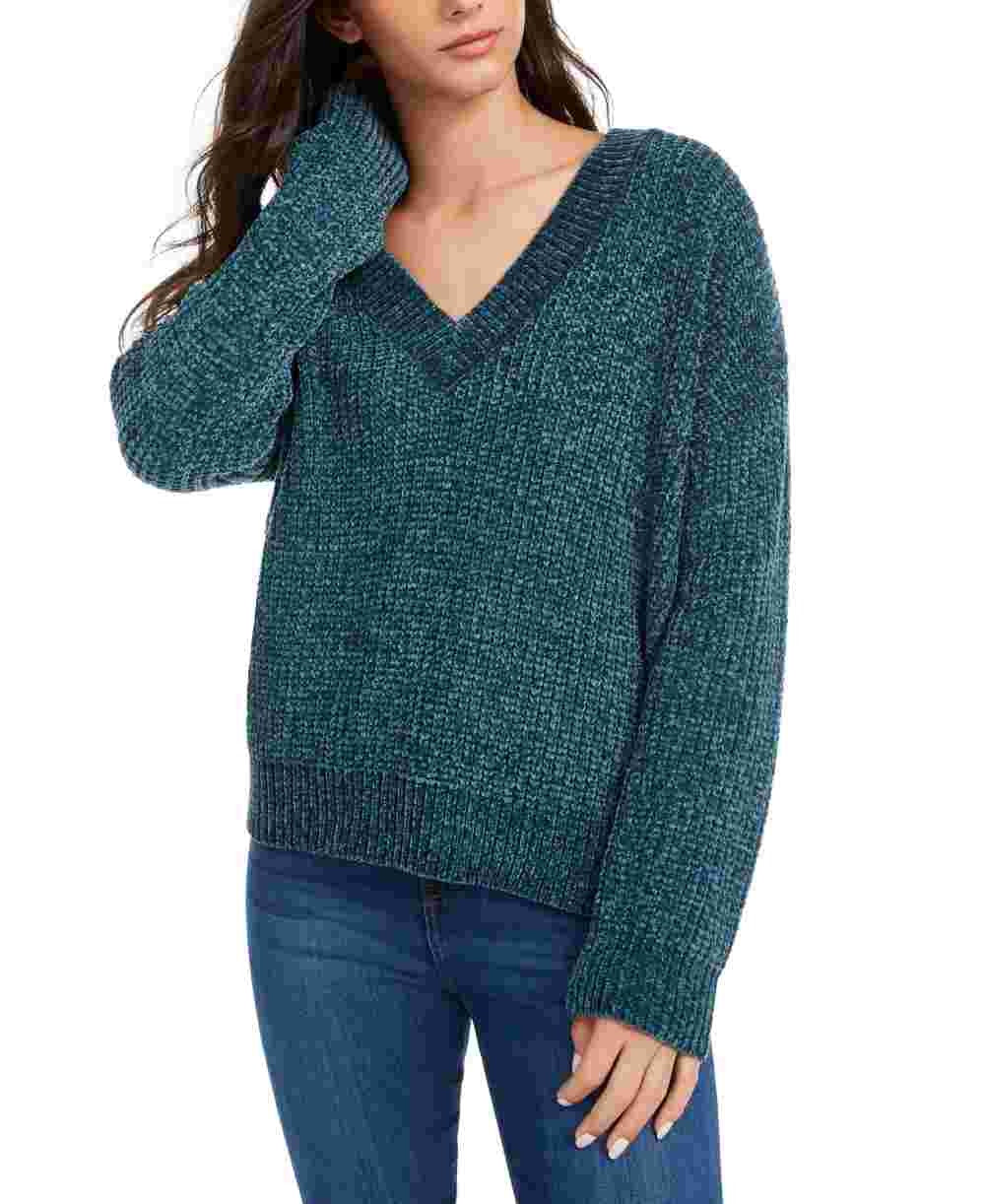 Suéter de chenille com decote em V Hippie Rose Junior, verde, tamanho grande