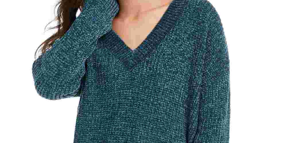 Suéter de chenille com decote em V Hippie Rose Junior, verde, tamanho grande