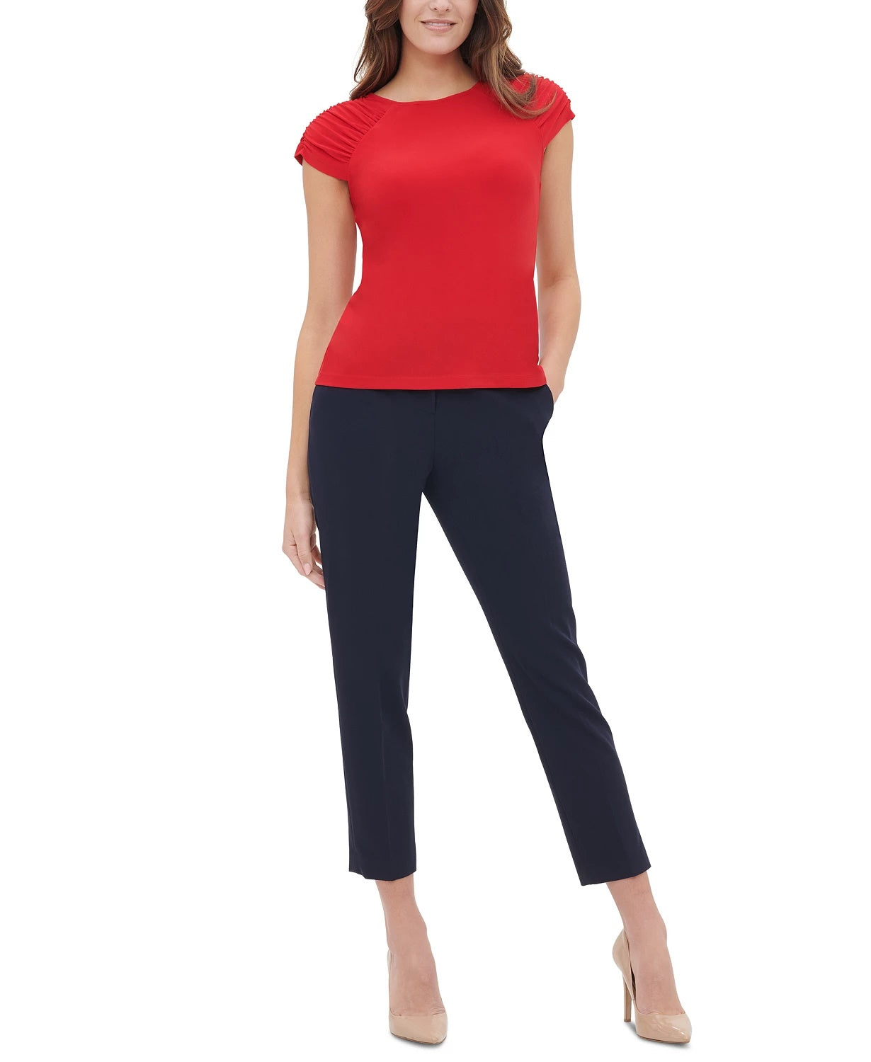 Tommy Hilfiger Blusa Feminina Manga Franzida Média Vermelha Tamanho Extra Pequeno