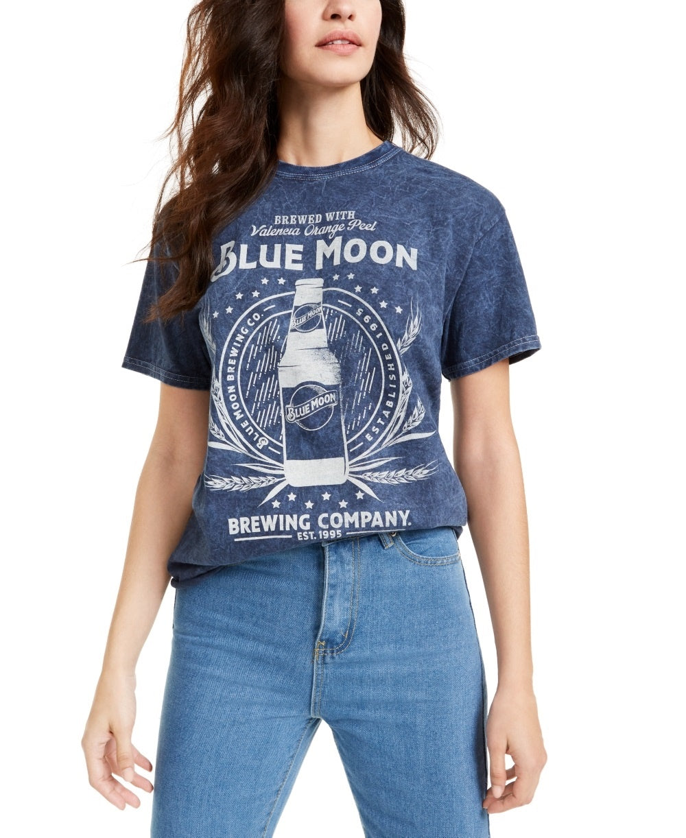 Camiseta feminina vintage de algodão com estampa de lua azul tamanho X-S