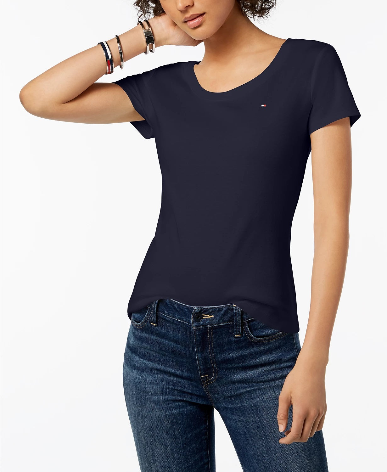 Camiseta feminina Tommy Hilfiger de algodão com decote redondo, tamanho grande, azul-marinho