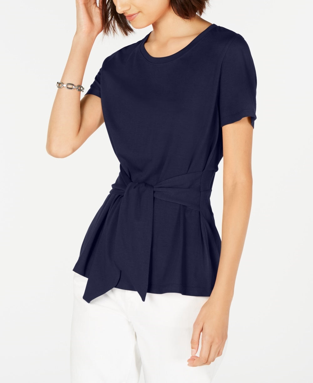 Tommy Hilfiger Blusa Feminina Manga Curta Amarrada na Frente Azul Tamanho Médio
