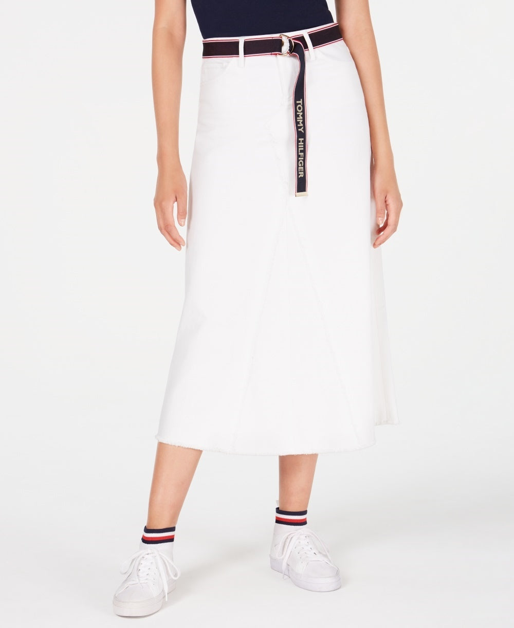 Saia midi feminina Tommy Hilfiger Denim, branca, tamanho 2