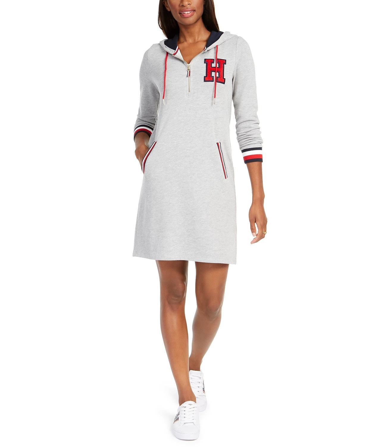 Vestido moletom com capuz feminino Tommy Hilfiger cinza tamanho grande