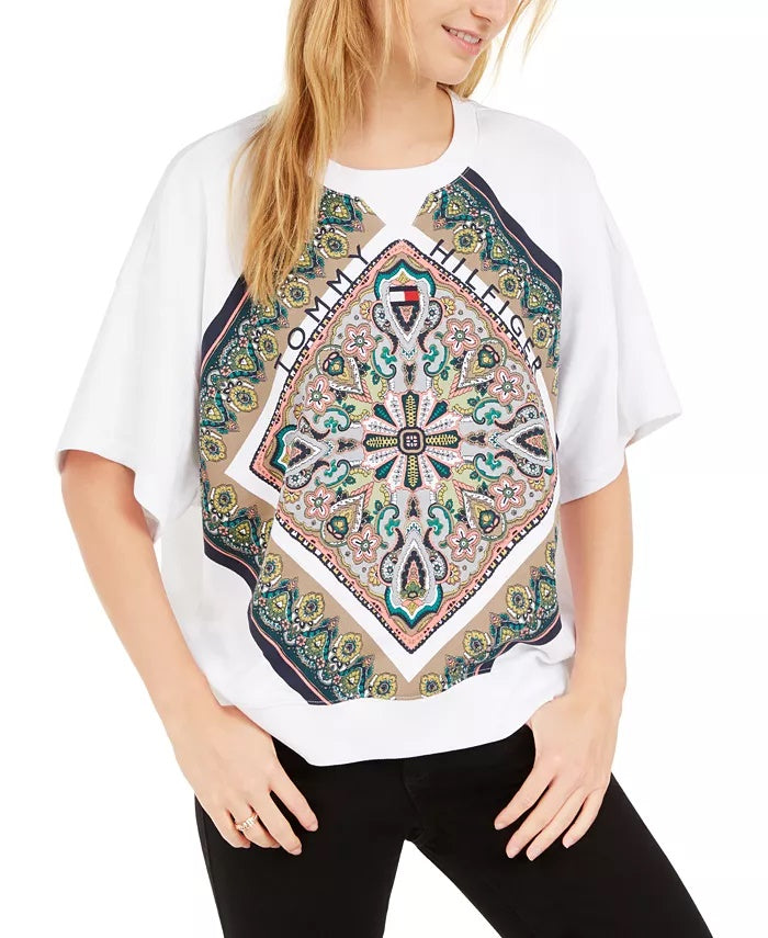 Tommy Hilfiger Moletom Paisley Raglan Feminino Branco Tamanho Médio