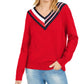 Suéter listrado com decote em V feminino Tommy Hilfiger, vermelho, tamanho GG
