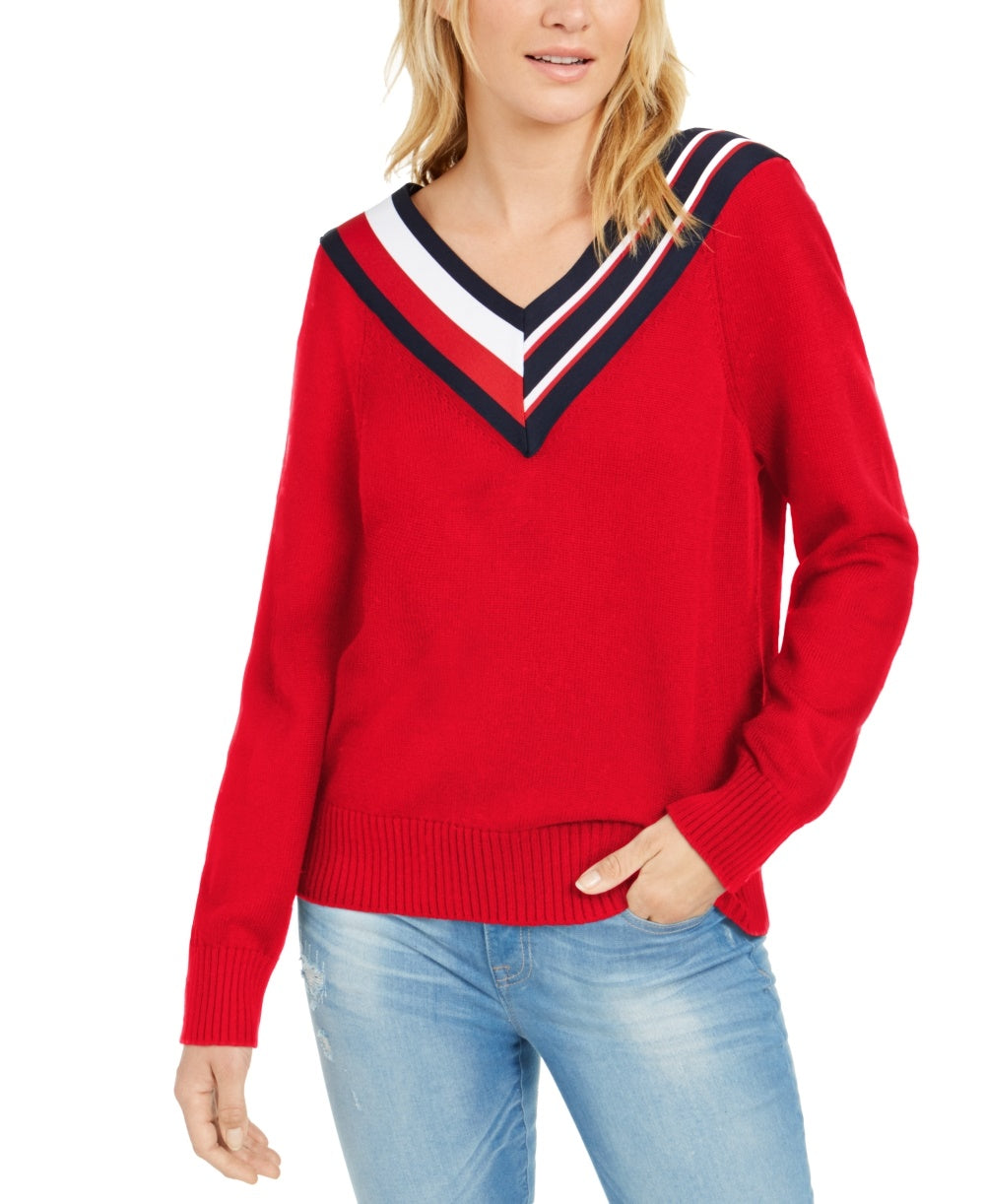 Suéter listrado com decote em V feminino Tommy Hilfiger, vermelho, tamanho GG