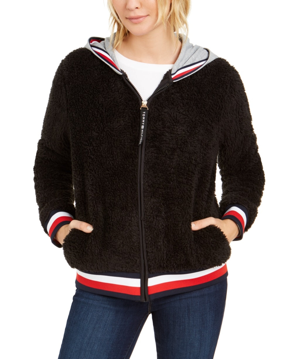 Tommy Hilfiger Moletom com capuz feminino Faux-Sherpa, preto, tamanho médio