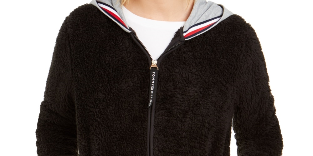 Tommy Hilfiger Moletom com capuz feminino Faux-Sherpa, preto, tamanho médio