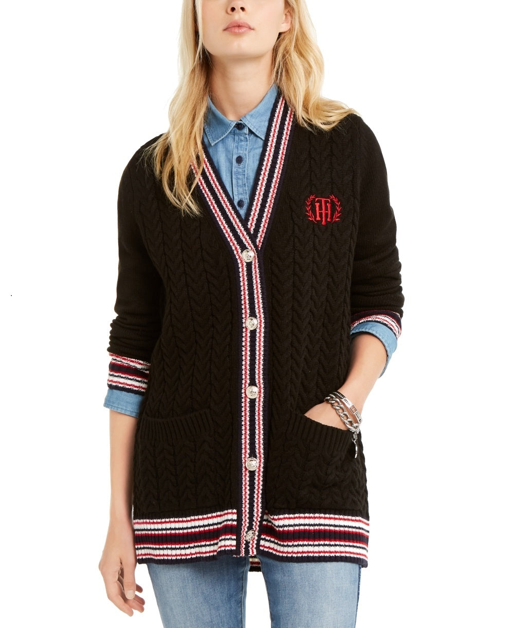 Cardigan feminino Tommy Hilfiger de tricô tipo cabo, preto, tamanho XX-G