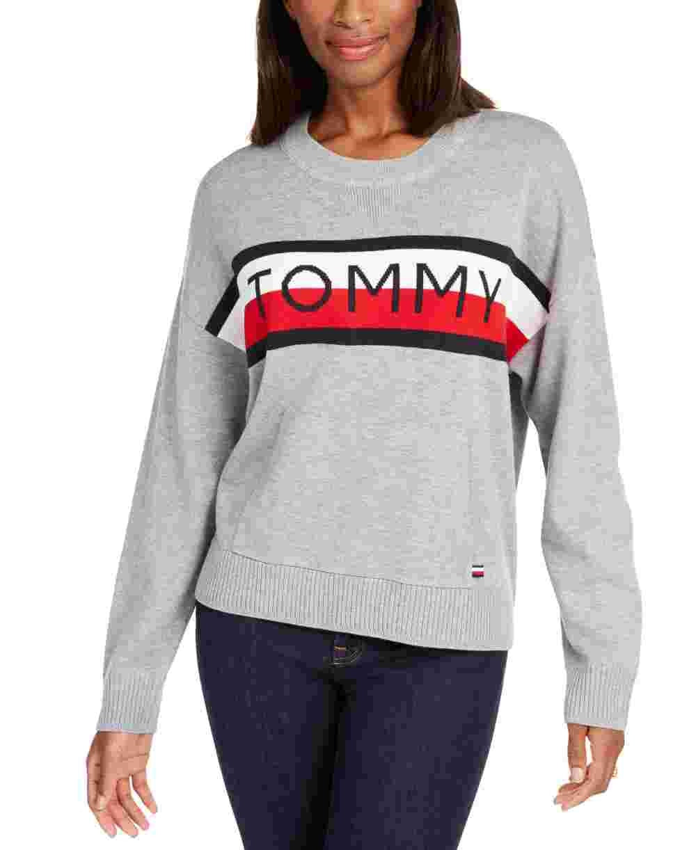 Tommy Hilfiger Suéter feminino com gola redonda e blocos de cores, cinza, tamanho médio