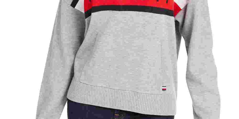 Tommy Hilfiger Suéter feminino com gola redonda e blocos de cores, cinza, tamanho médio
