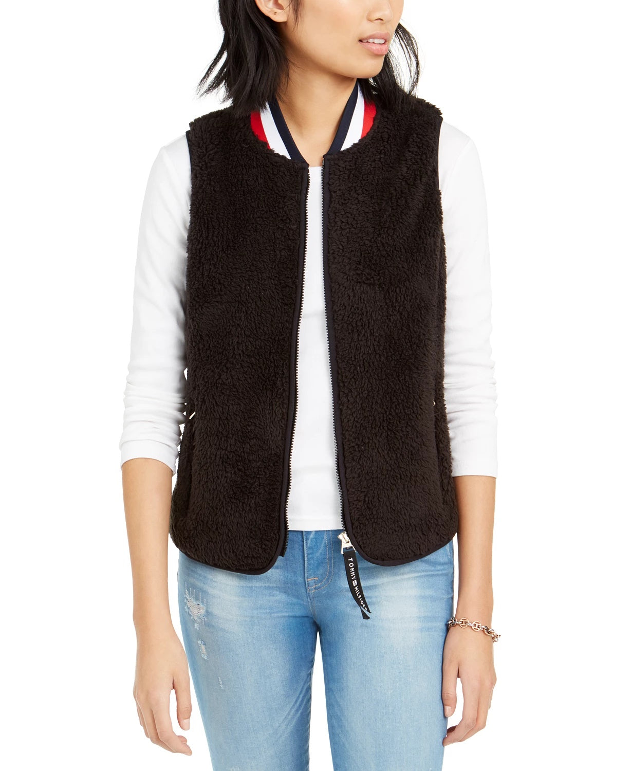 Colete feminino Tommy Hilfiger Sherpa preto tamanho médio