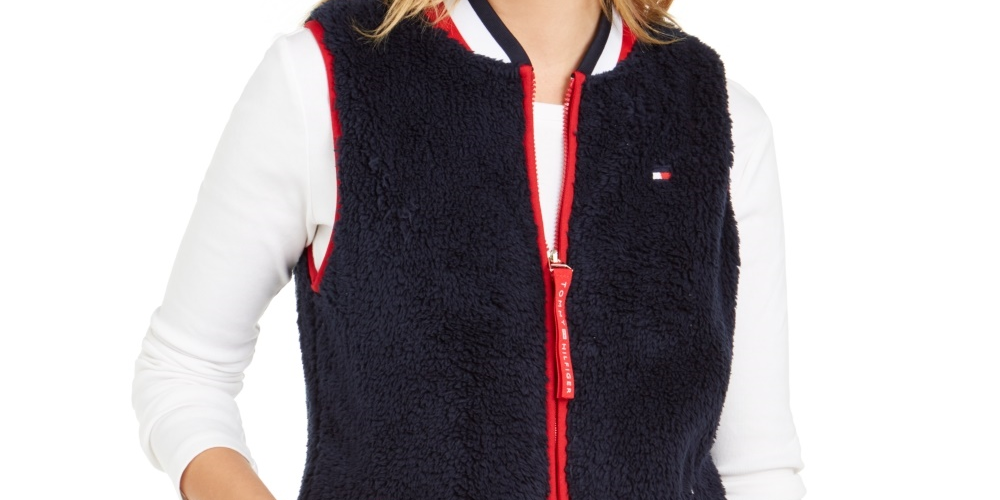 Colete feminino Tommy Hilfiger Sherpa azul marinho tamanho médio