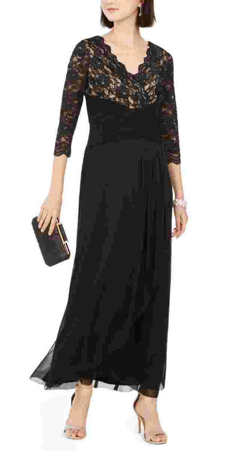 Vestido de noite longo com decote em V e manga 3/4 preto Jessica Howard feminino, tamanho 14