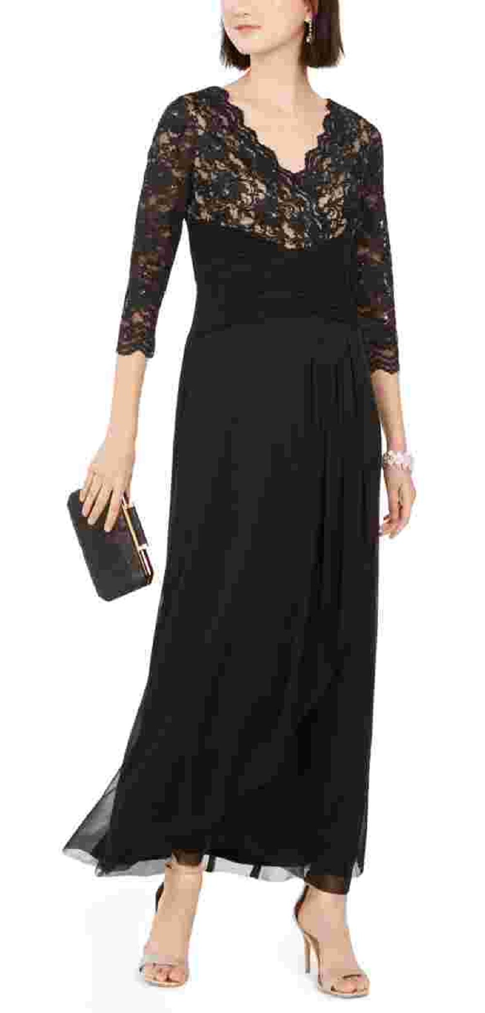 Vestido de festa longo com decote em V e manga 3/4 Jessica Howard feminino, preto, tamanho 16