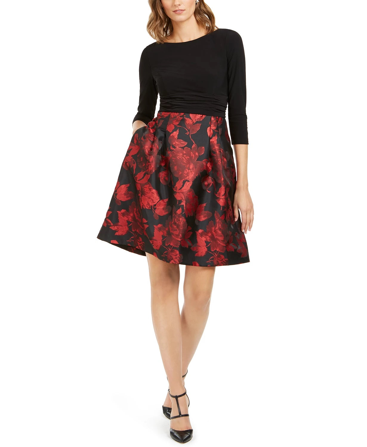 Vestido de festa curto com decote canoa e manga comprida floral Jessica Howard, tamanho 12, vermelho, tamanho pequeno